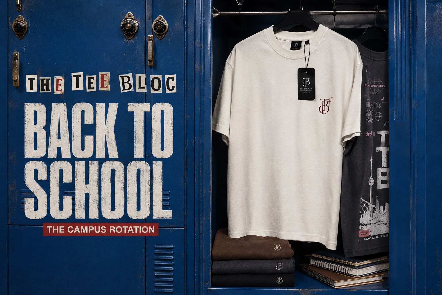 Back to School: The Campus Rotation. The Tee Bloc oversized tees hanging and stacked inside blue school lockers.